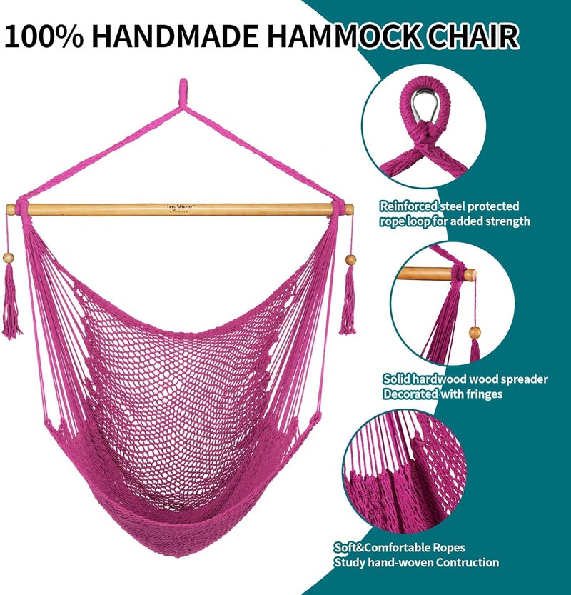 JoyView Hammock Chair with Spreader Bar Caribbean Hammock Swing Chair 300 LBS Weight Capacity XL Rope Hanging Chair for Outdoor Indoor Garden Yard - Pink - Image 4